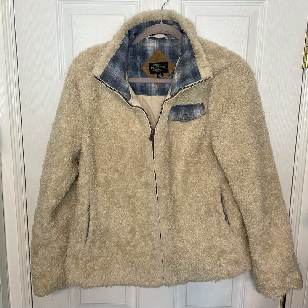 PENDLETON Wool Blend Fuzzy Sherpa Cream w/ Plaid Cozy Shacket Jacket Sweater L